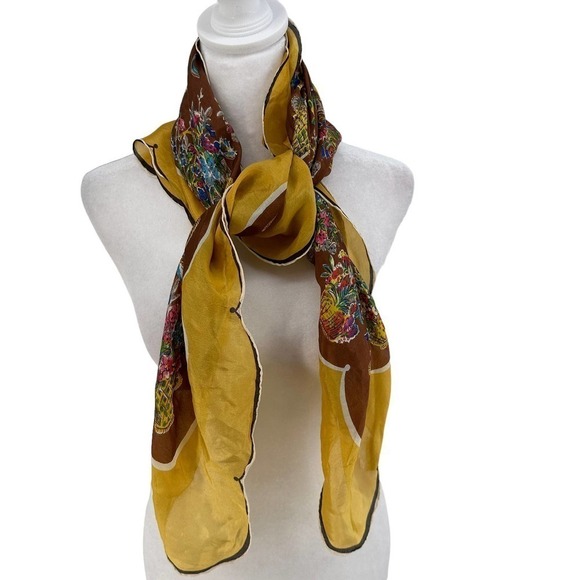 vintage scalloped Carol Stanley Floral Designer Scarf Silk Yellow Brown One Size - Picture 6 of 12